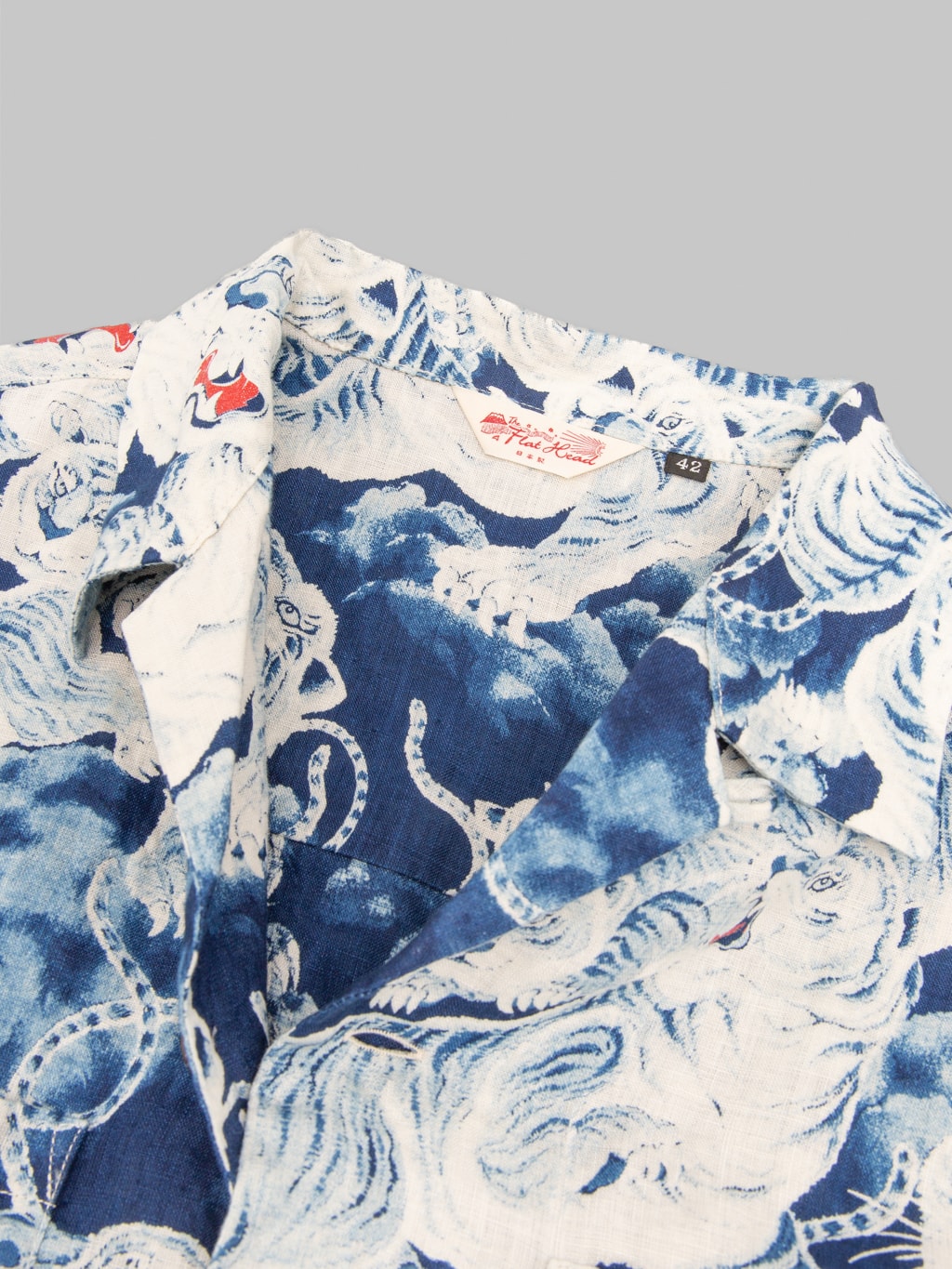 The Flat Head Hyaku Tora Hundred Tigers Linen Shirt Blue open collar
