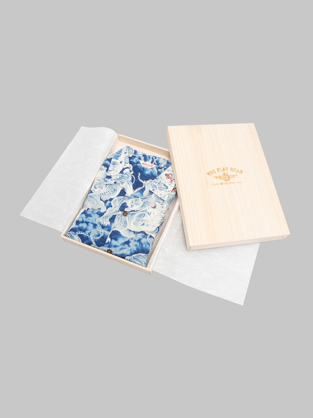 The Flat Head Hyaku Tora Hundred Tigers Linen Shirt Blue packaging