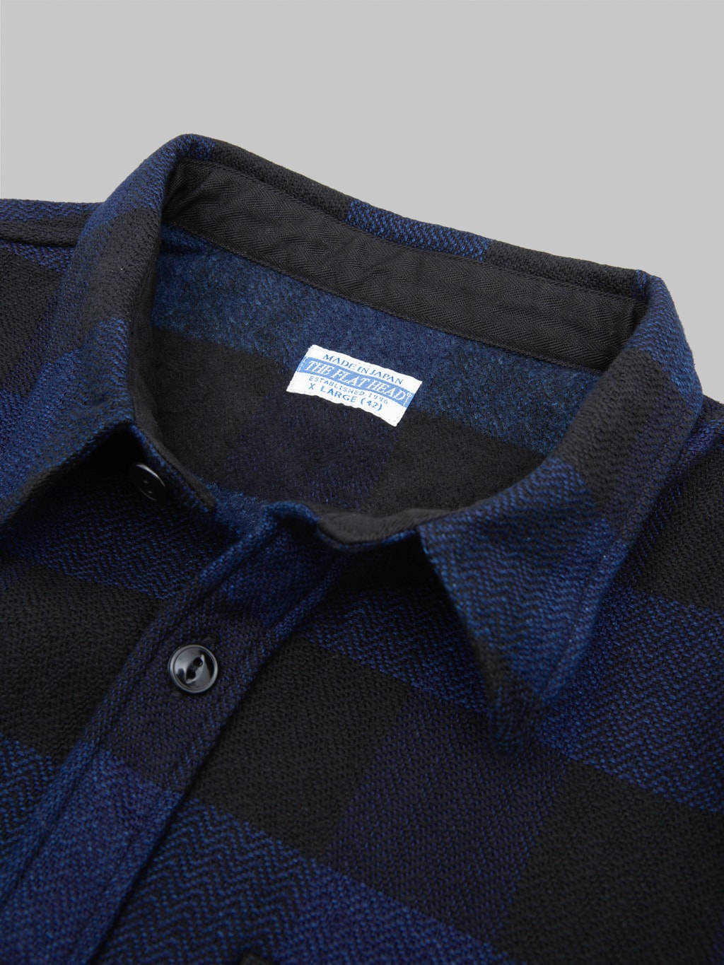 the flat head indigo block check flannel shirt collar