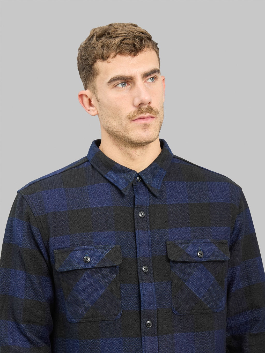 The Flat Head Indigo Block Check Flannel Shirt