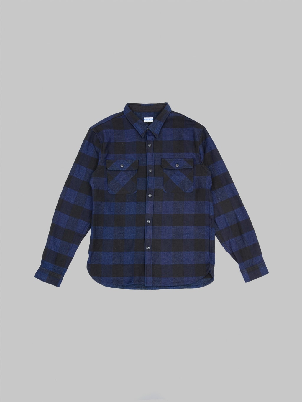 the flat head indigo block check flannel shirt front