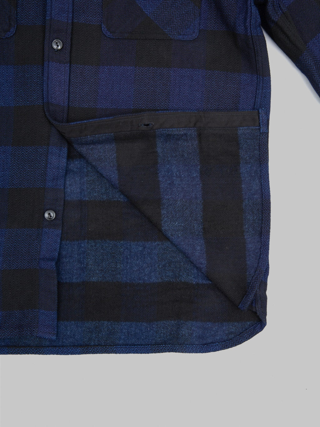 the flat head indigo block check flannel shirt  interior fabric