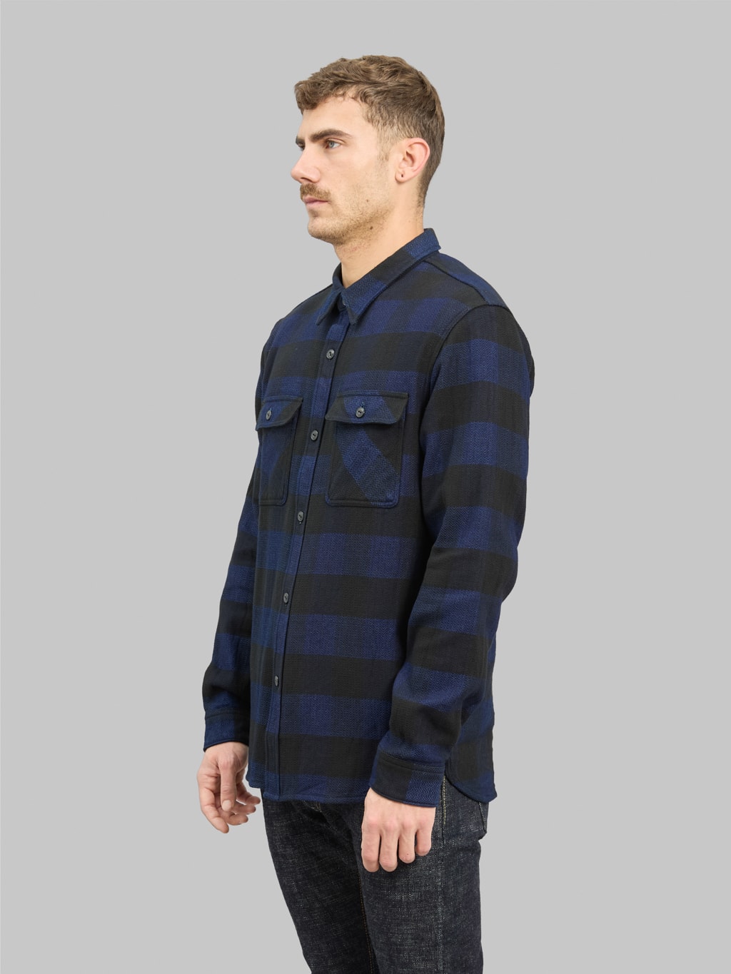 The Flat Head Indigo Block Check Flannel Shirt