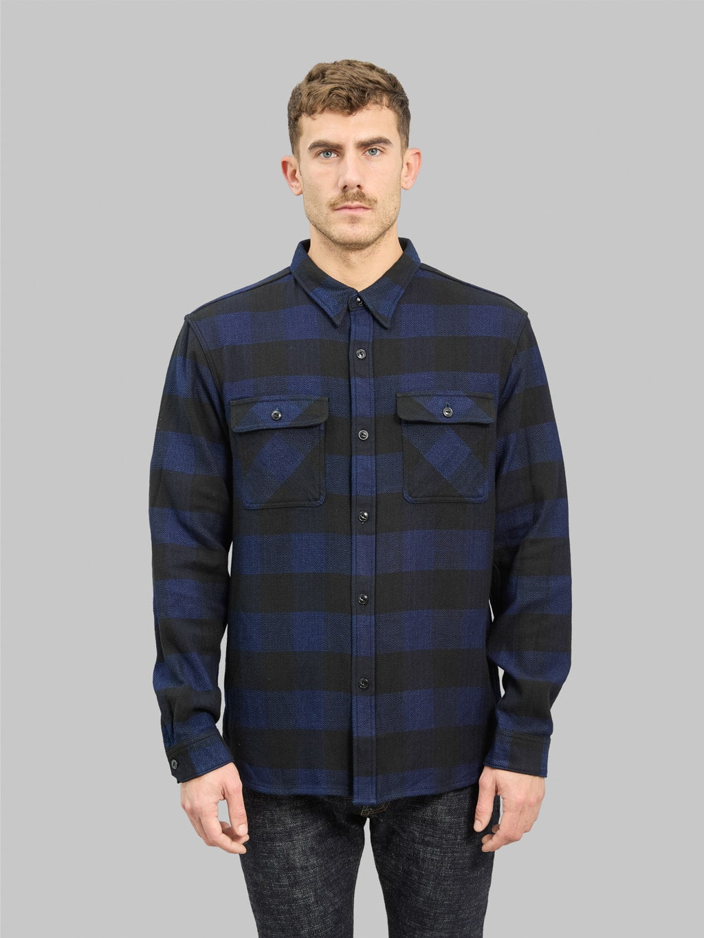 The Flat Head Indigo Block Check Flannel Shirt