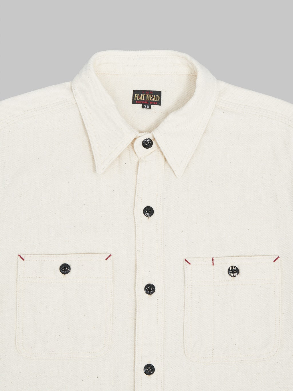 the flat head twill work shirt ivory front details