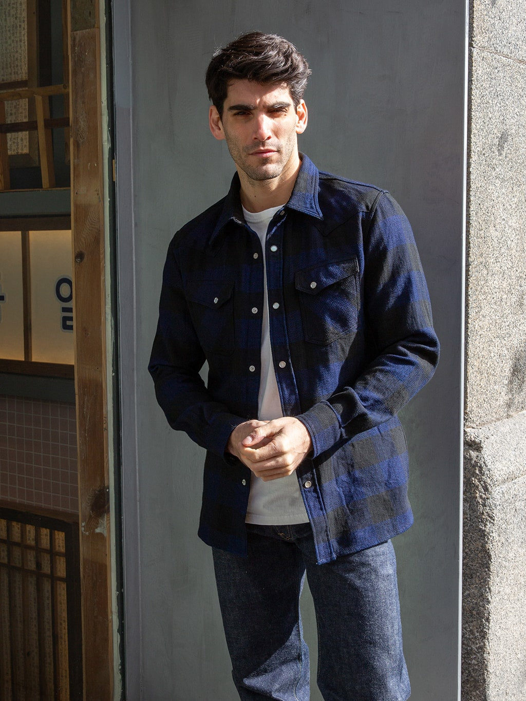 The Flat Head Indigo Block Check Western Shirt