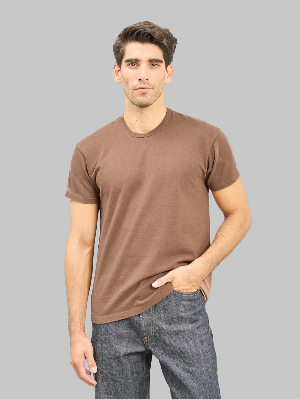 The Rite Stuff Heavyweight 9oz Loopwheel Tee Taupe styled