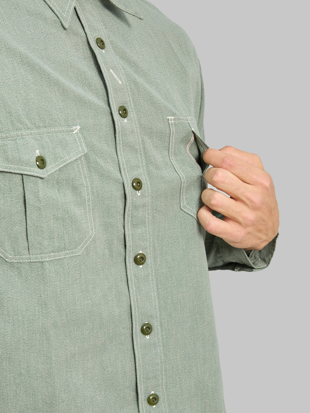 The Rite Stuff Railhead Engineer Selvedge Salt & Pepper Work Shirt Sage Green