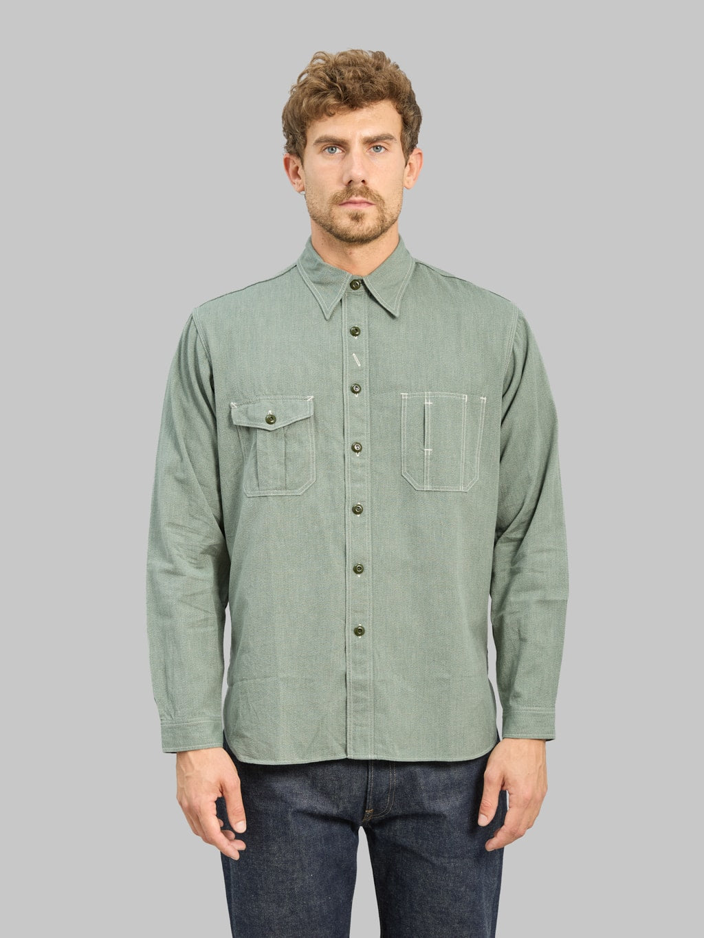 The Rite Stuff Railhead Engineer Selvedge Salt & Pepper Work Shirt Sage Green