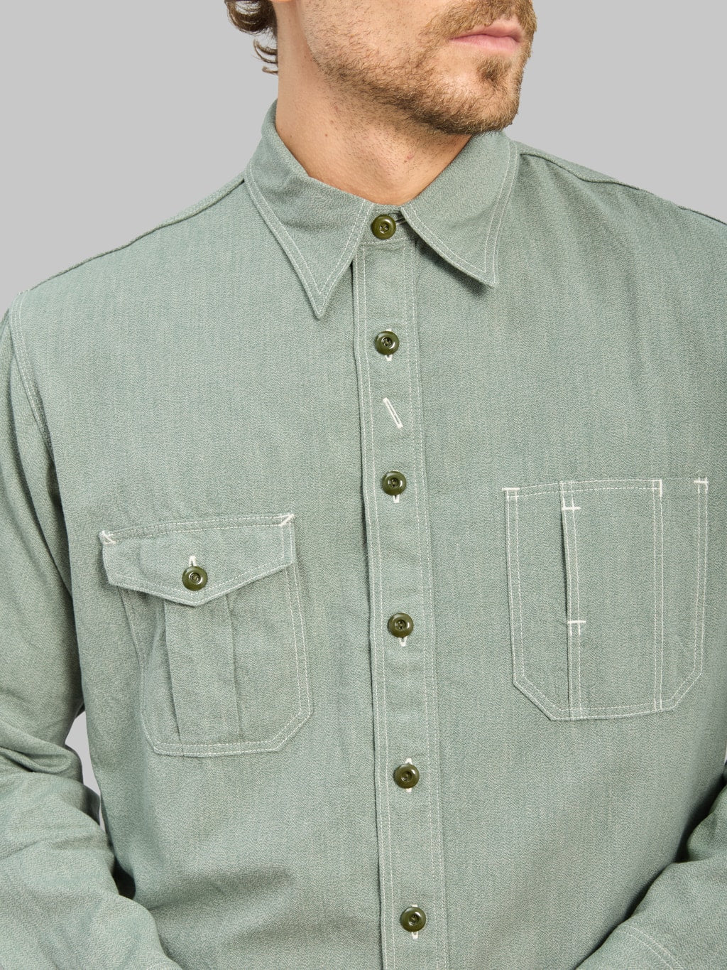 The Rite Stuff Railhead Engineer Selvedge Salt & Pepper Work Shirt Sage Green