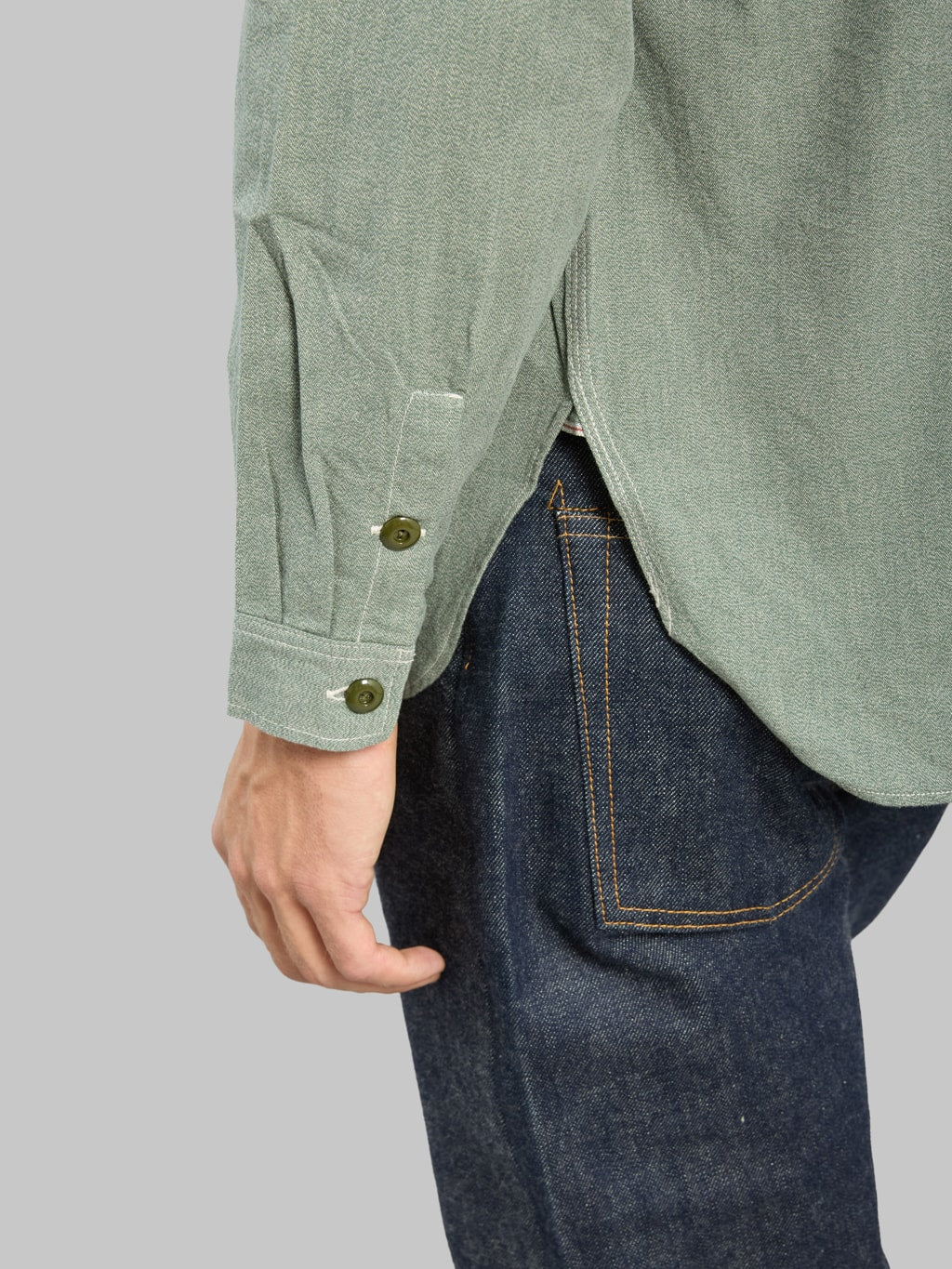 The Rite Stuff Railhead Engineer Selvedge Salt & Pepper Work Shirt Sage Green