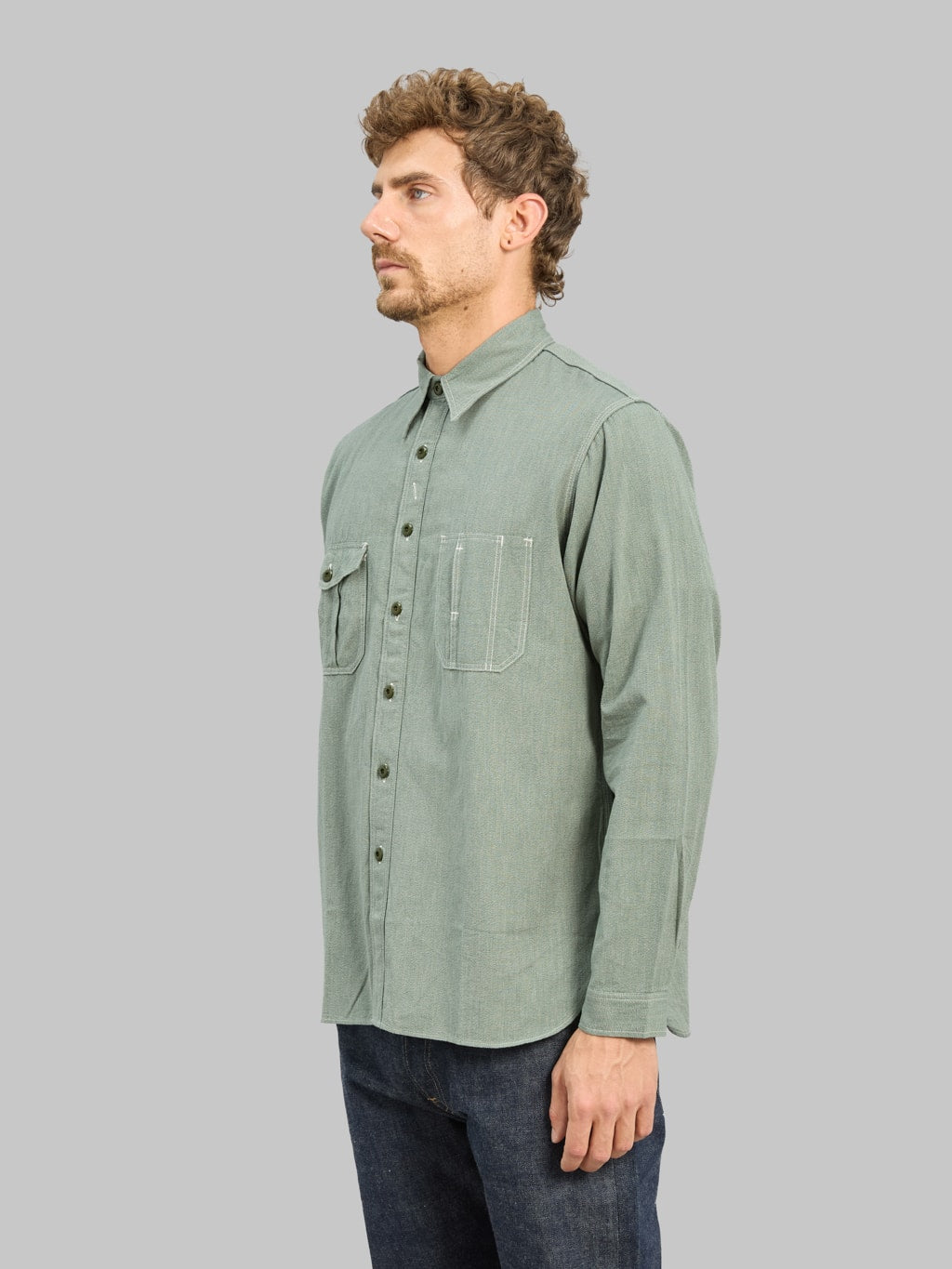 The Rite Stuff Railhead Engineer Selvedge Salt & Pepper Work Shirt Sage Green
