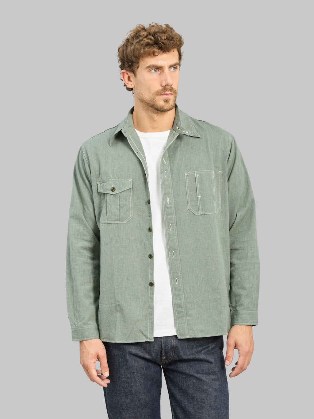 The Rite Stuff Railhead Engineer Selvedge Salt & Pepper Work Shirt Sage Green