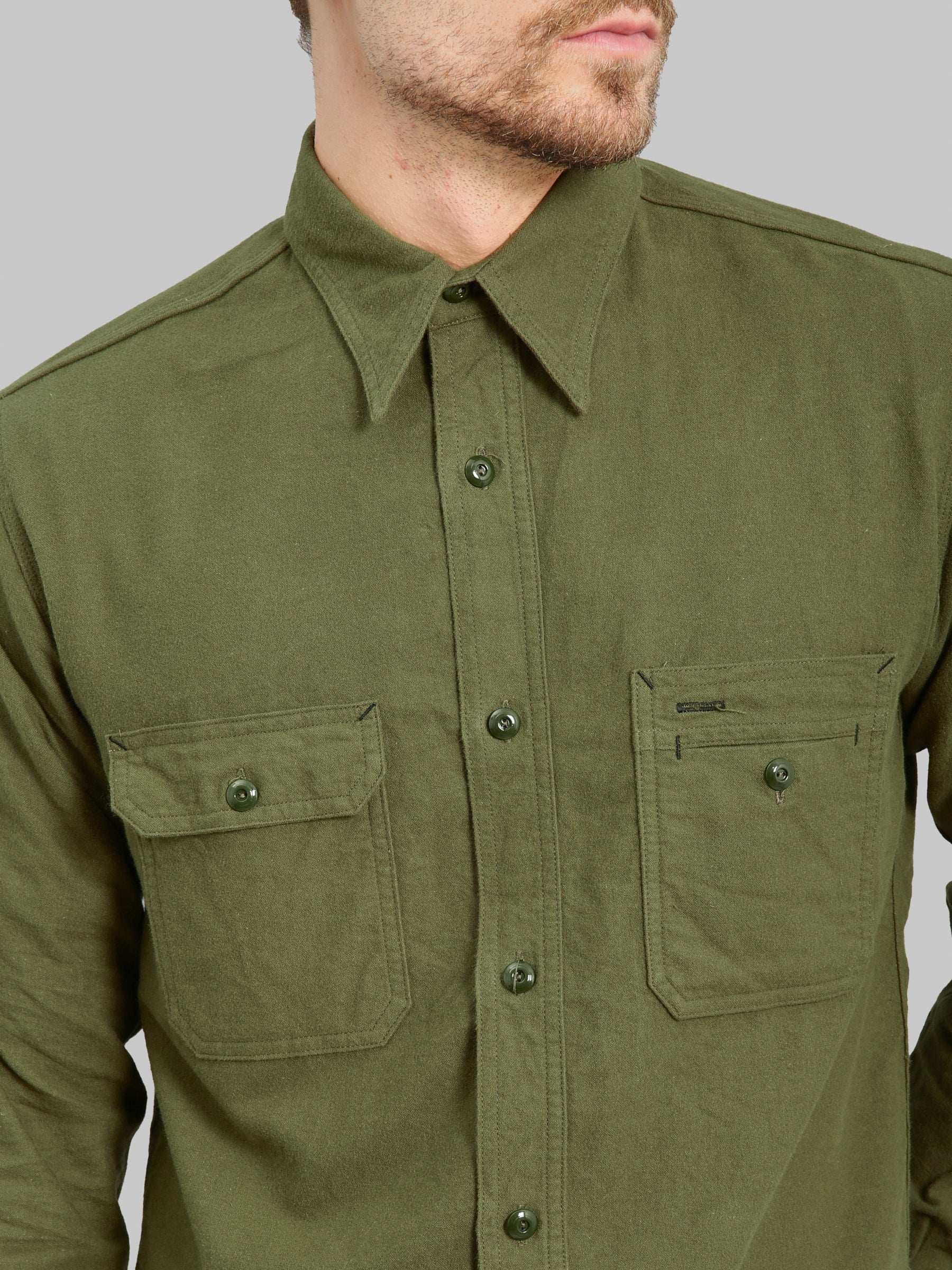 The Rite Stuff Uncle Sam Brushed Chamois Flannel Cigarette Pocket Work Shirt Olive Drab