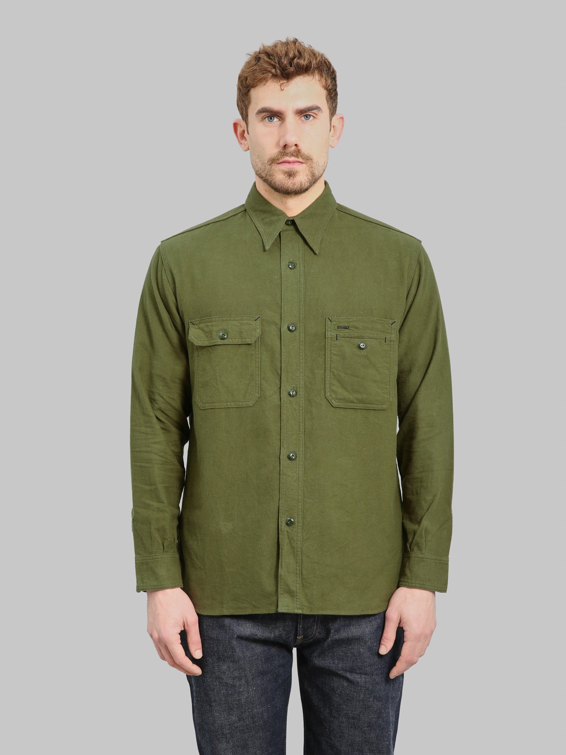 The Rite Stuff Uncle Sam Brushed Chamois Flannel Cigarette Pocket Work Shirt Olive Drab