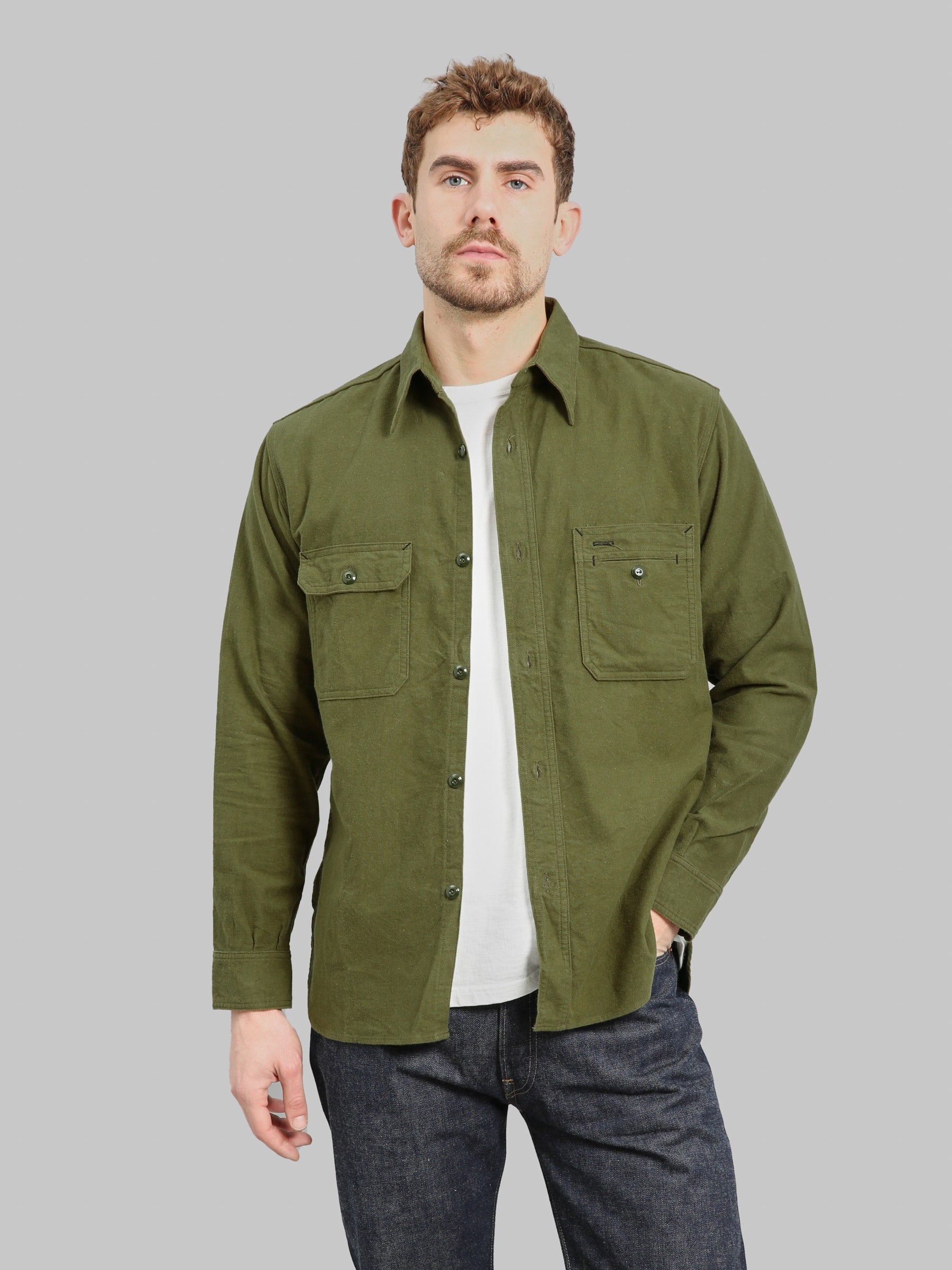 The Rite Stuff Uncle Sam Brushed Chamois Flannel Cigarette Pocket Work Shirt Olive Drab
