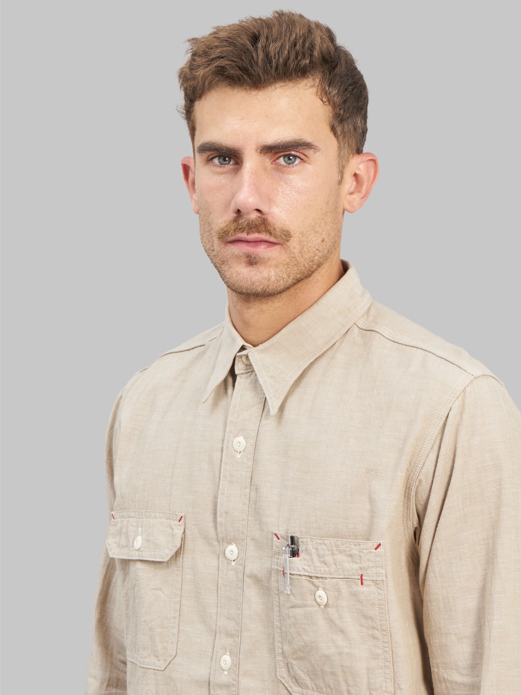 the rite stuff uncle sam selvedge chambray work shirt tan chest details