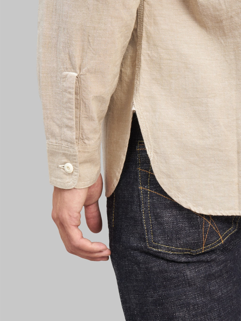 the rite stuff uncle sam selvedge chambray work shirt tan cuff