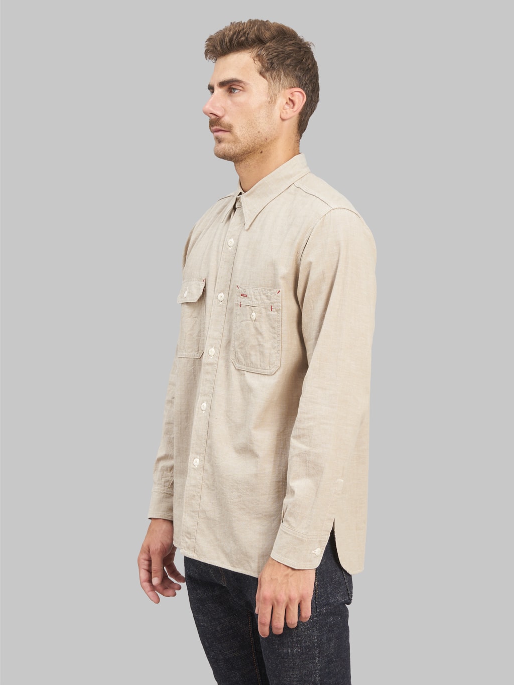 the rite stuff uncle sam selvedge chambray work shirt tan side fit