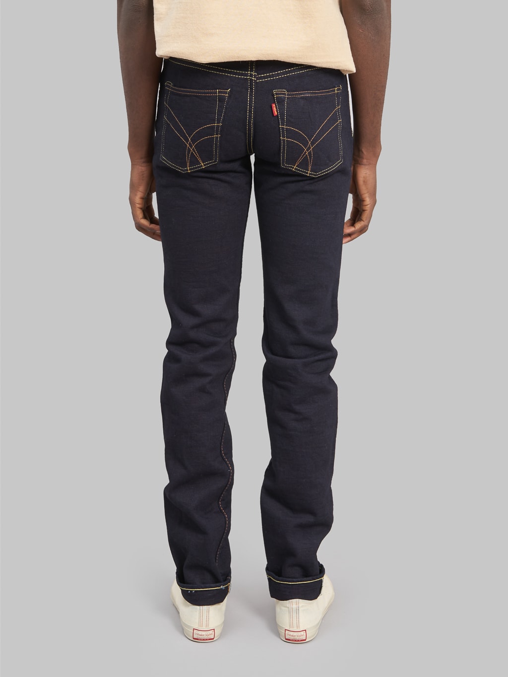 The Strike Gold 5004ID double indigo straight tapered selvedge jeans back rise