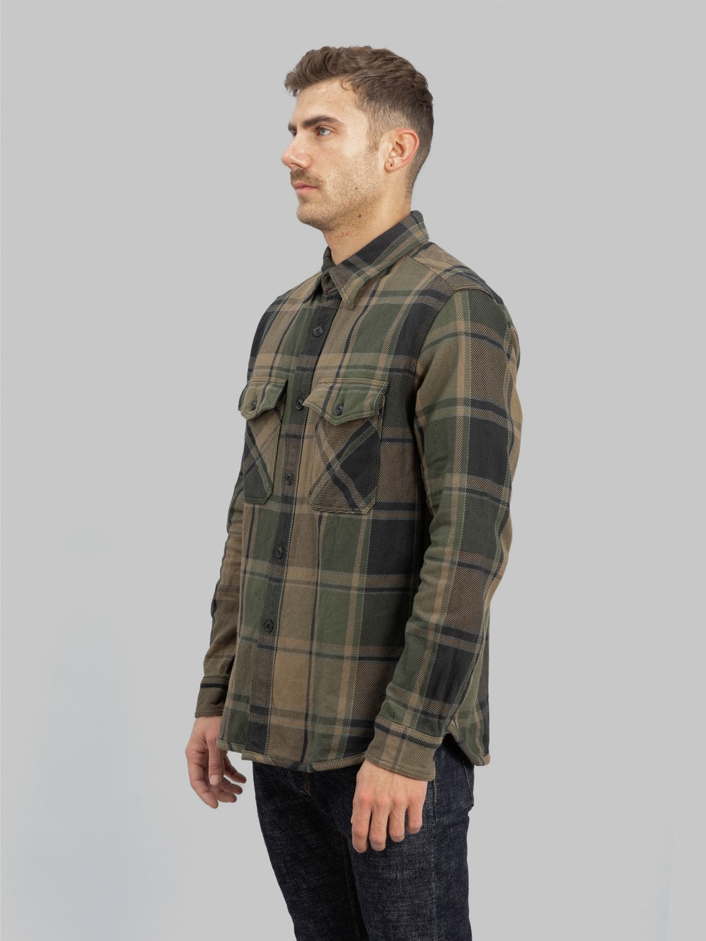 ues extra heavy flannel shirt olive  side fit