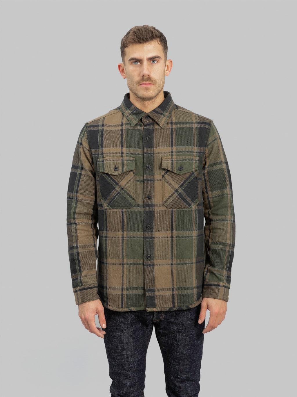 ues extra heavy flannel shirt olive front fit