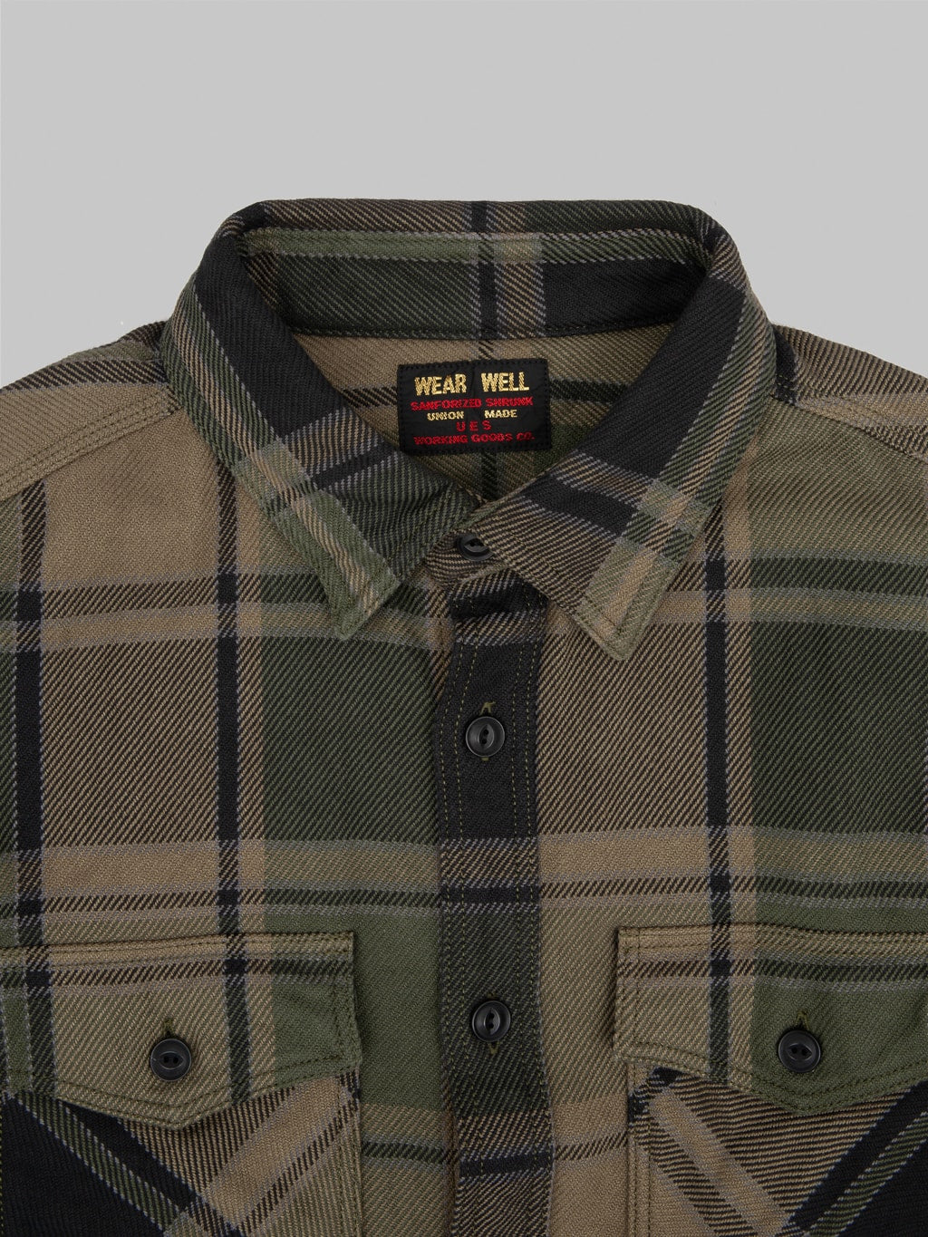 ues extra heavy flannel shirt olive  collar