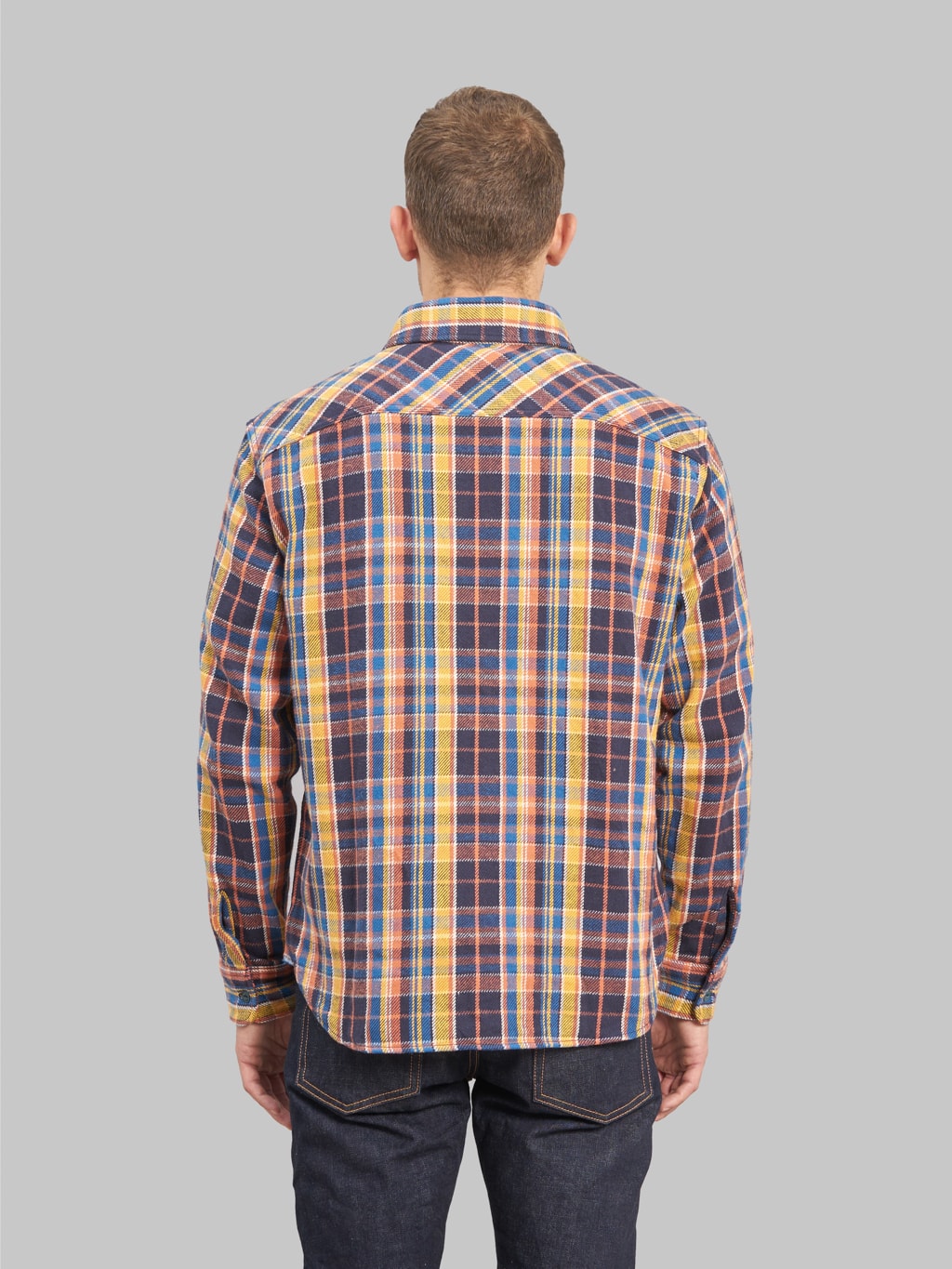 ues heavy flannel shirt blue yellow model back fit