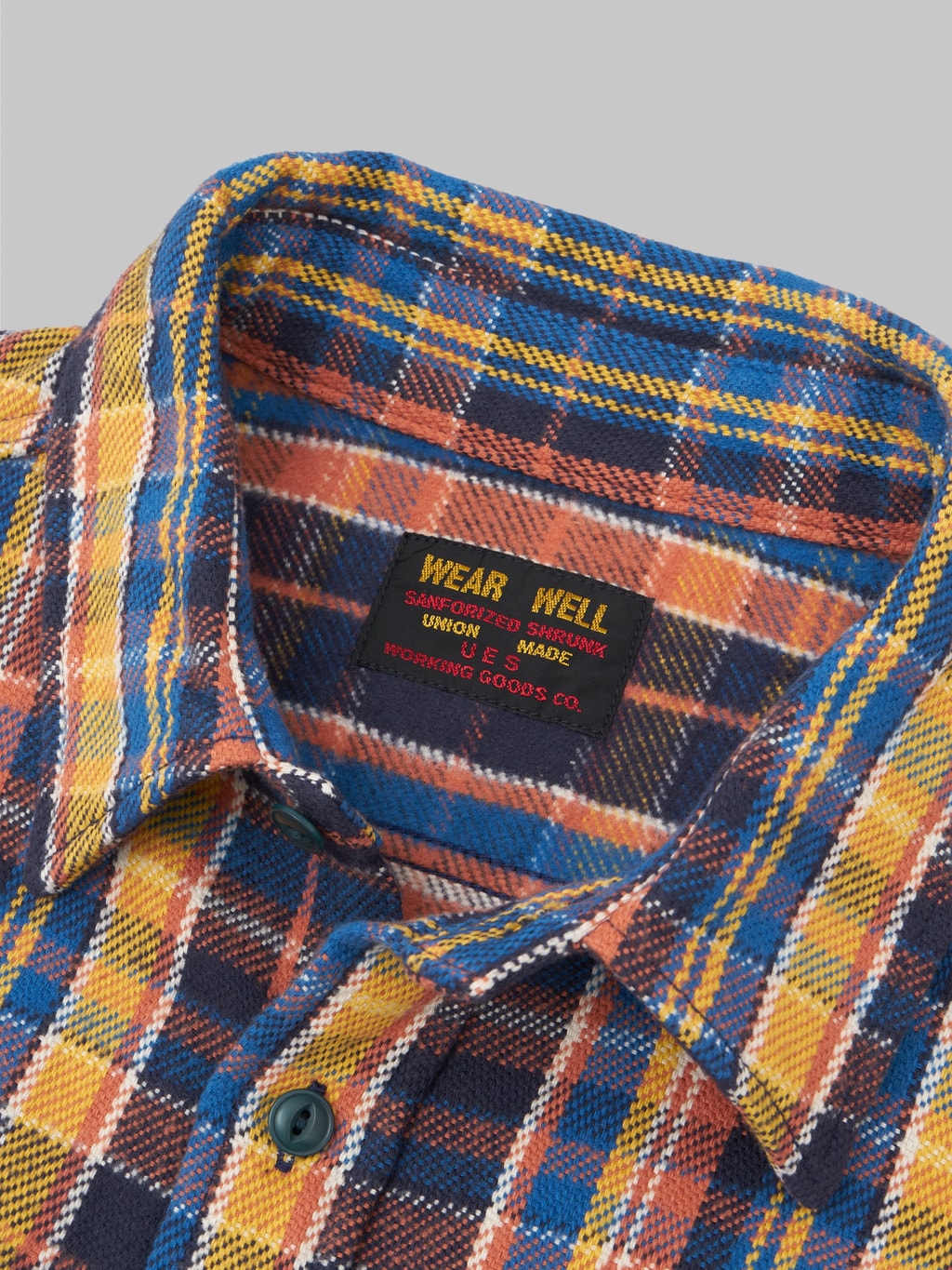 ues heavy flannel shirt blue yellow collar closeup