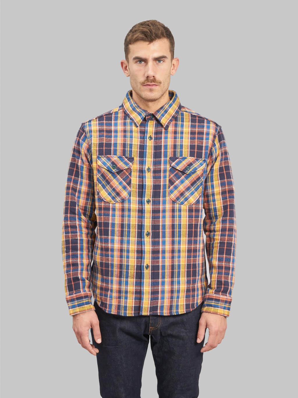 ues heavy flannel shirt blue yellow model front fit