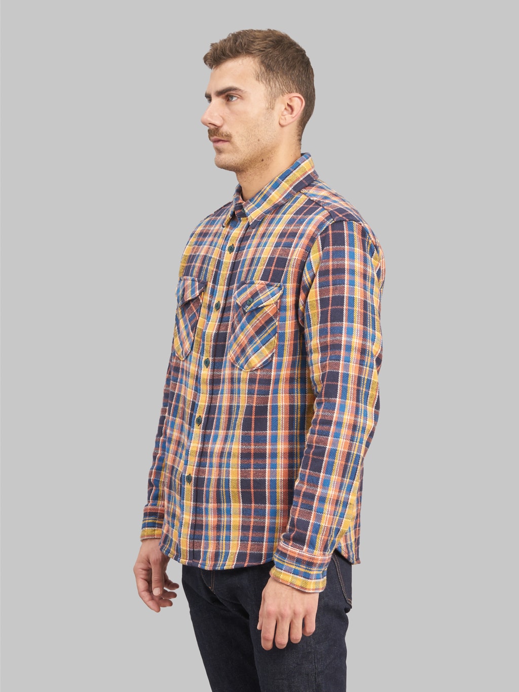 ues heavy flannel shirt blue yellow model side fit