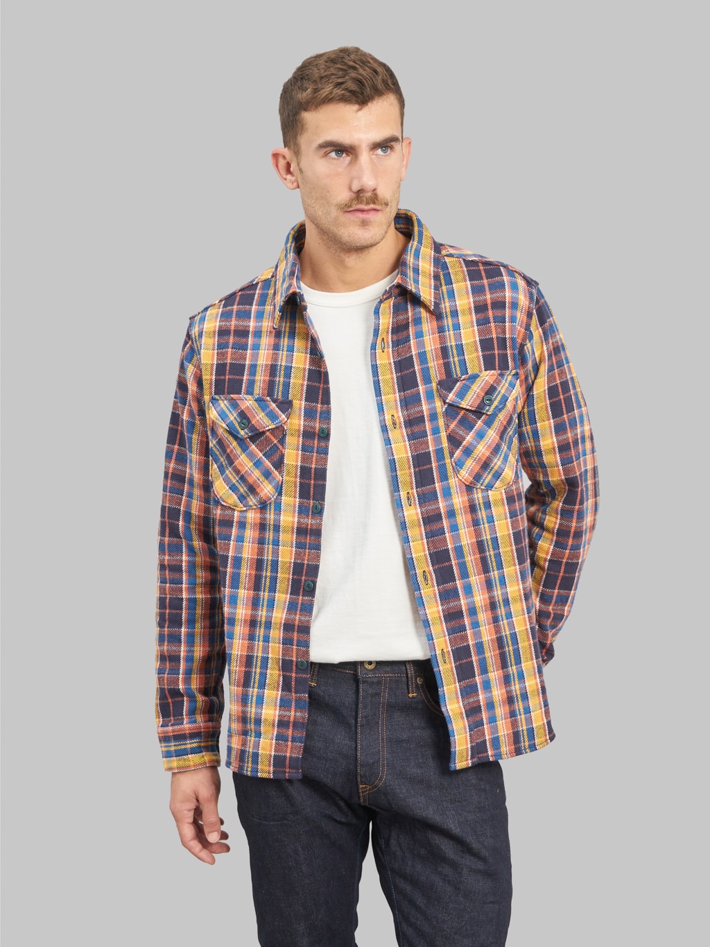 ues heavy flannel shirt blue yellow style