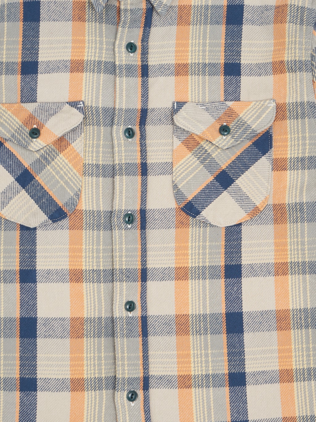 ues heavy flannel shirt navy orange  chest pockets closeup