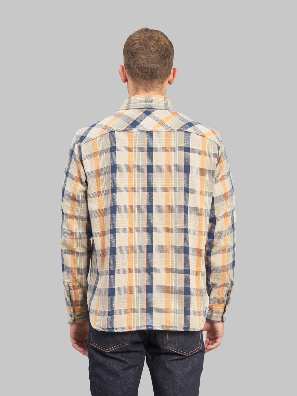 ues heavy flannel shirt navy orange model back fit