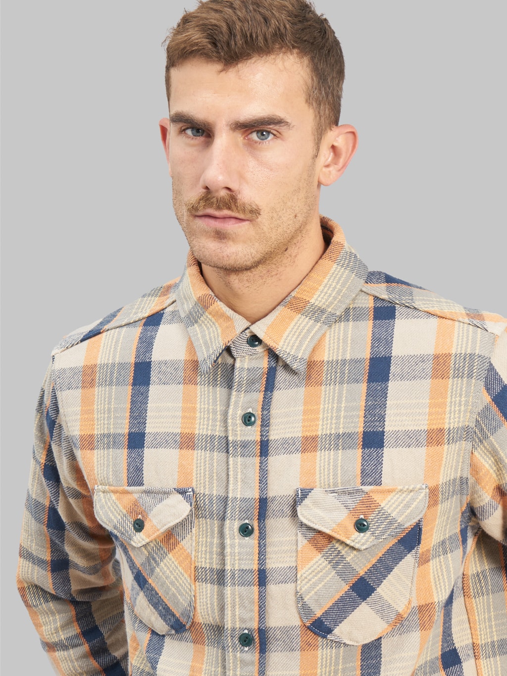 ues heavy flannel shirt navy orange chest