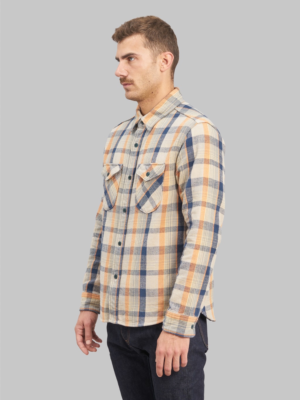 ues heavy flannel shirt navy orange model side fit