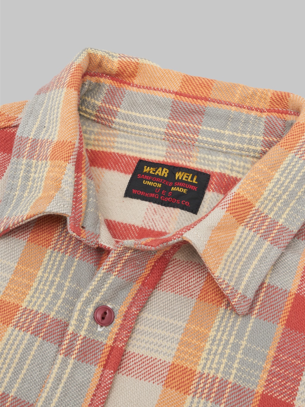 ues heavy flannel shirt orange collar closeup