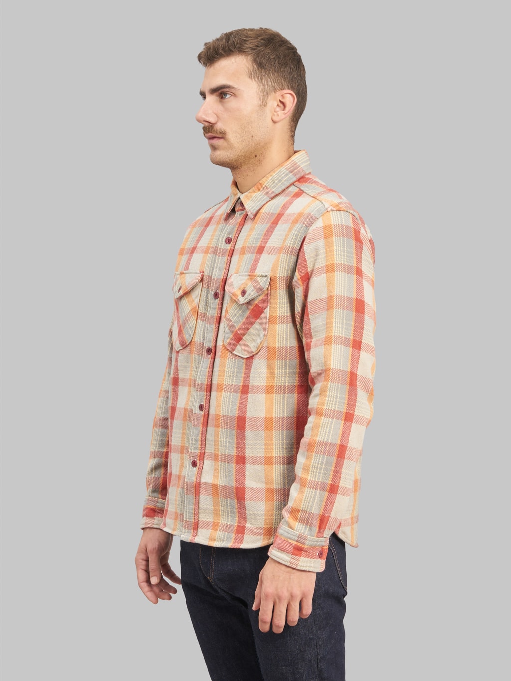 ues heavy flannel shirt orange model back fit