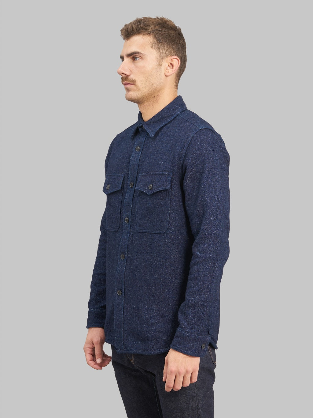 ues indigo extra heavy amundsen flannel shirt model side fit