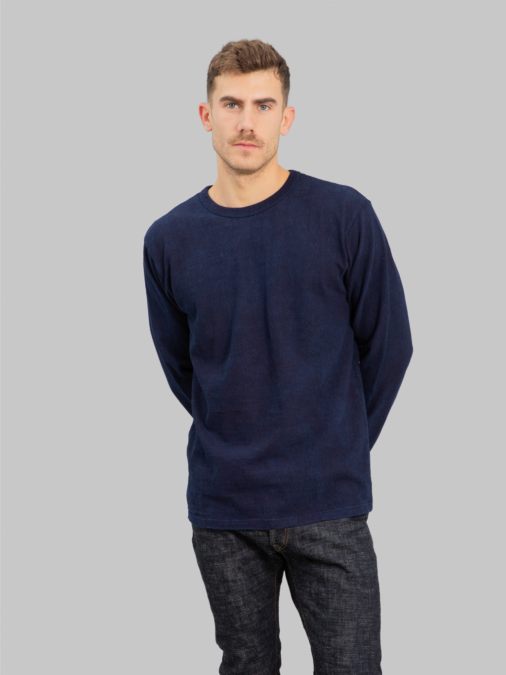 ues slub nep ling sleeve tshirt indigo front fit