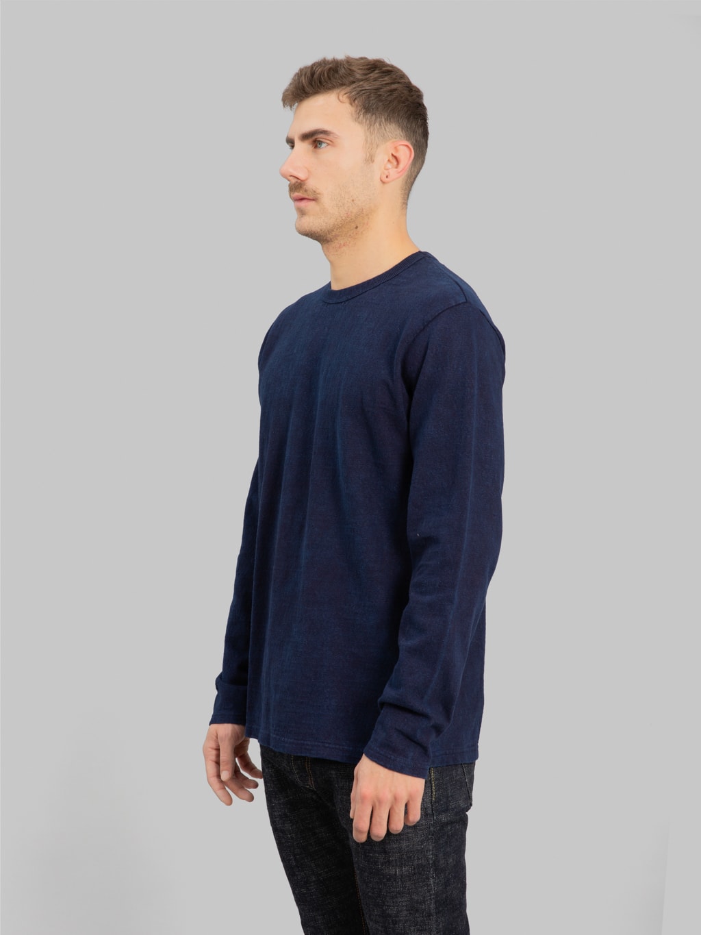 ues slub nep ling sleeve tshirt indigo side fit