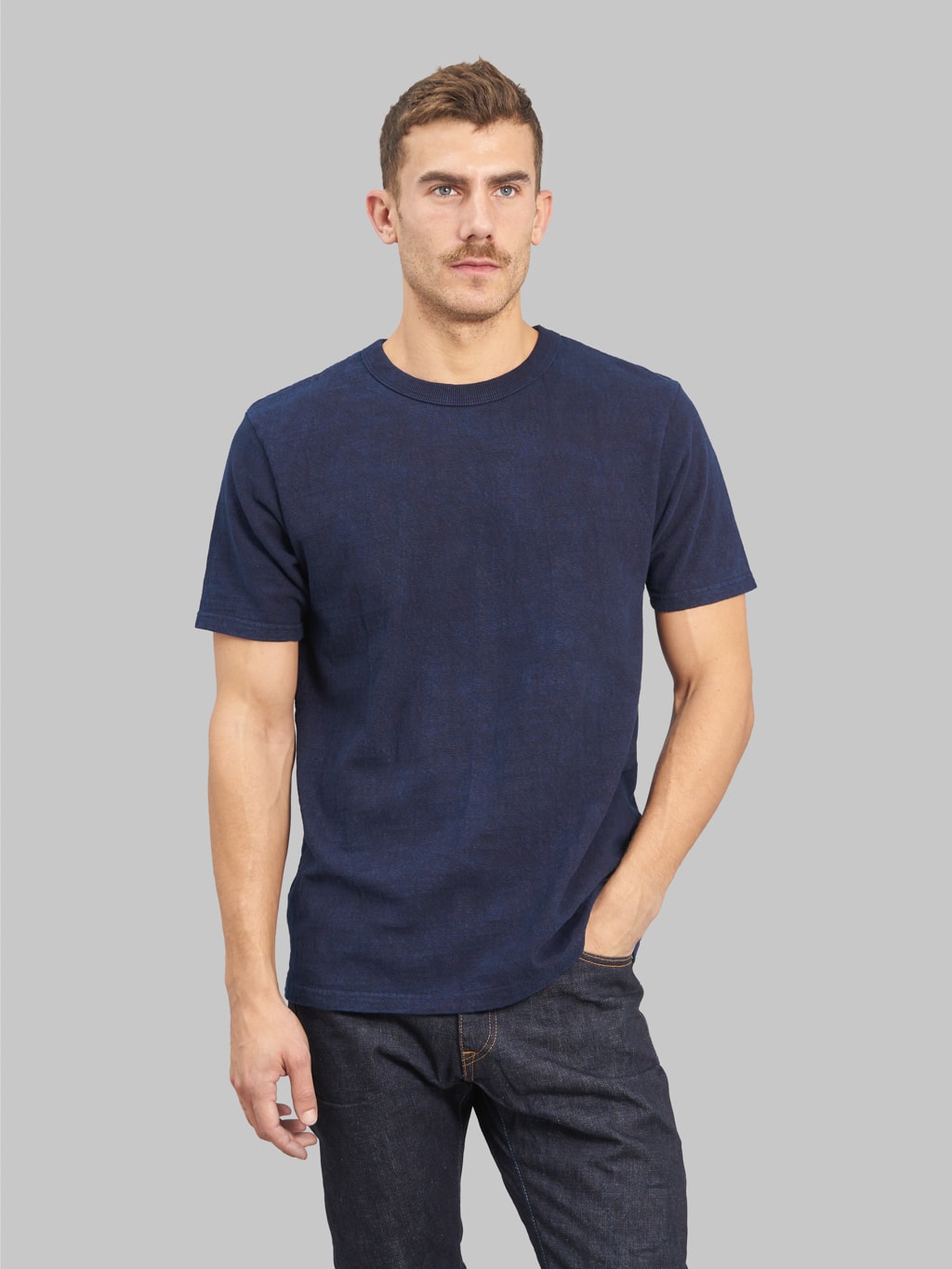 ues slub nep short sleeve tshirt indigo model front fit