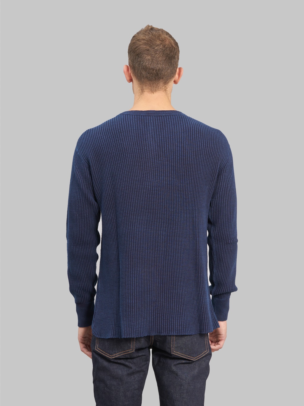 ues thermal big waffle henley tshirt indigo model back fit