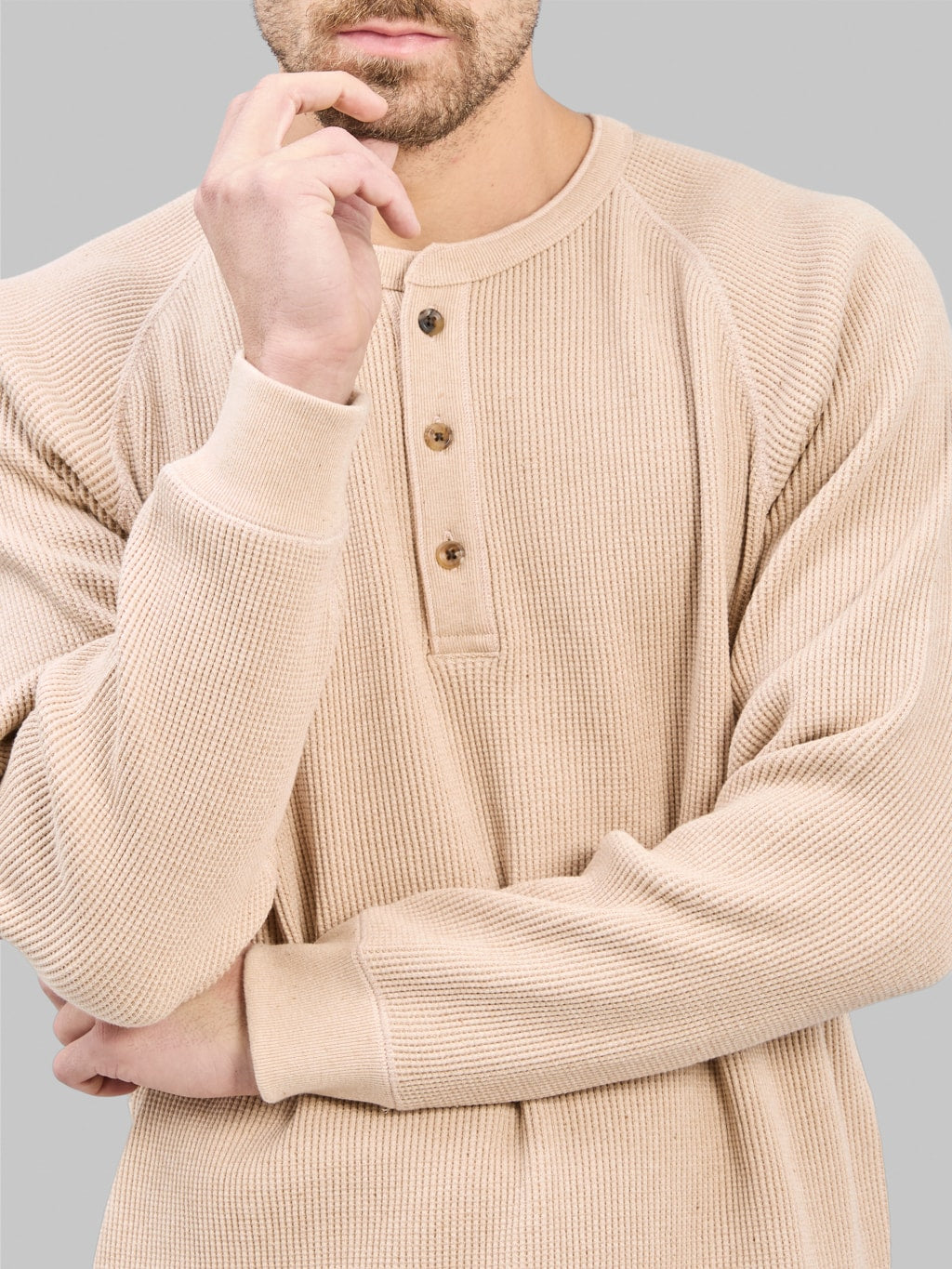 Wonder Looper Foxfibre Heavyweight Waffle Henley Coyote 15 chest buttons