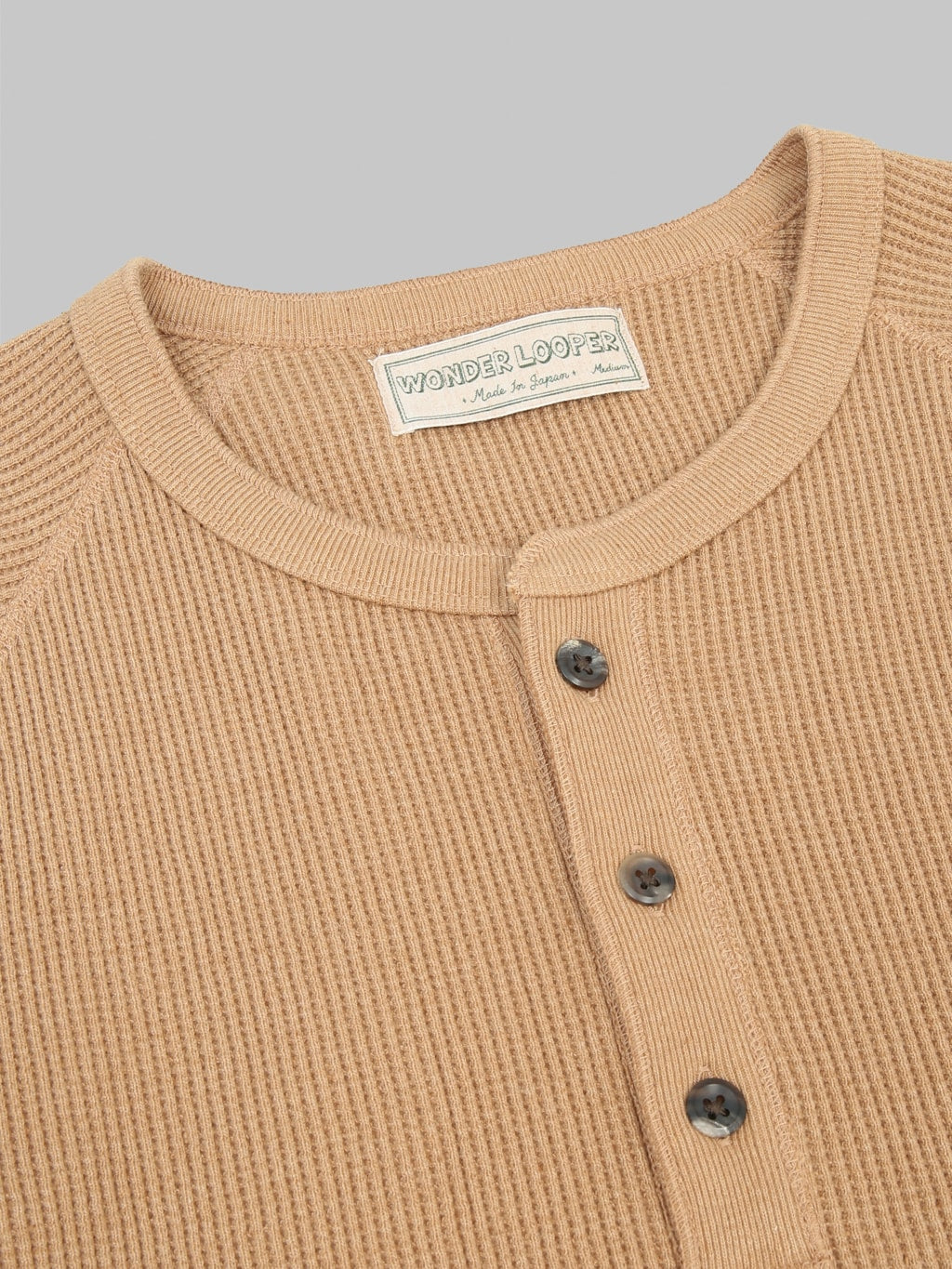 Wonder Looper Foxfibre Heavyweight Waffle Henley Coyote 70 horn buttons