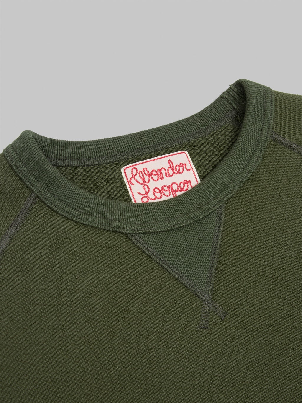 wonder looper pullover crewneck double heavyweight french terry khaki interior tag