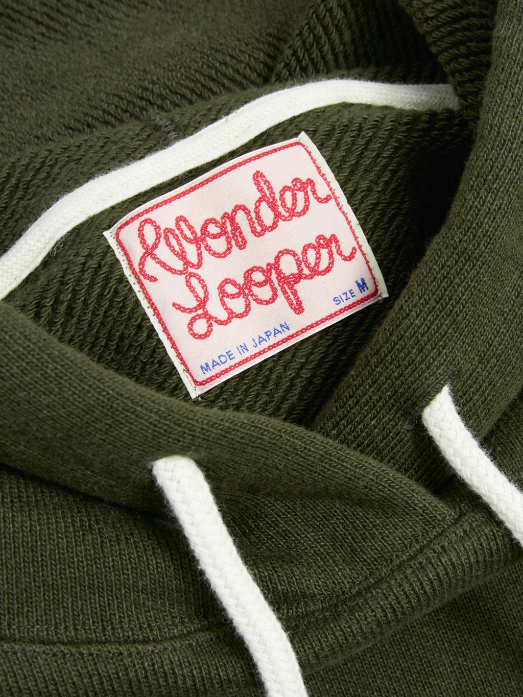 wonder looper pullover hoodie double heavyweight french terry khaki interior tag