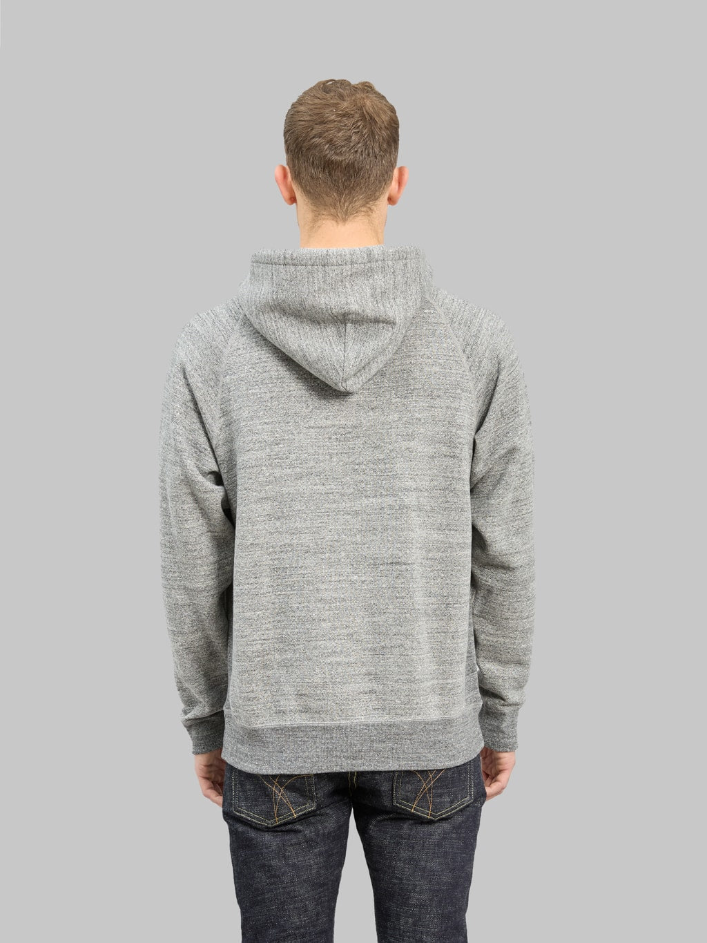 wonder looper pullover hoodie fleeced foxfibre charcoal model back look