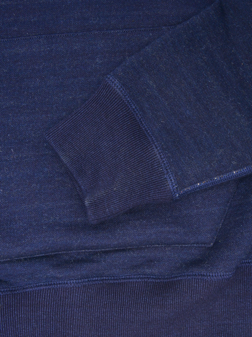 Wonder Looper Pullover Hoodie Real Indigo Blanket Striped French Terry cuff closeup