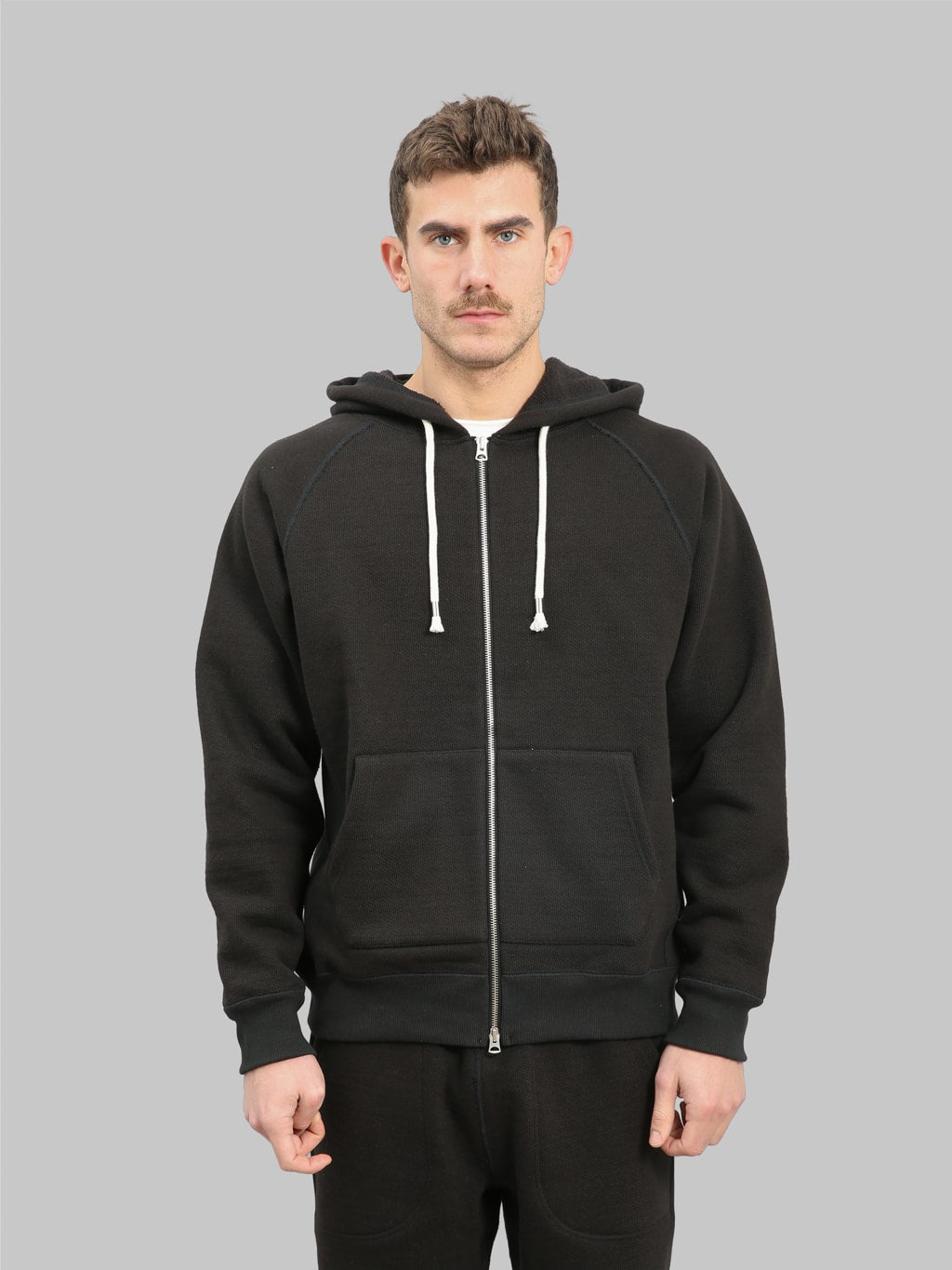 wonder looper zip hoodie double heavyweight french terry black front look